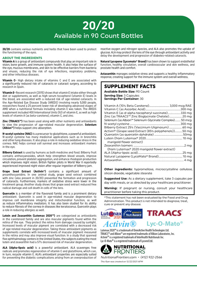 Nutritional Frontiers 20-20 Eye Immune Label