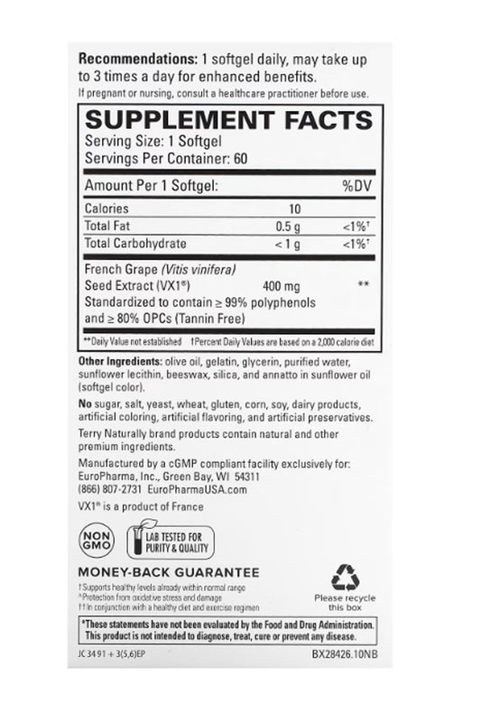 Terry Naturally Clinical OPC 400 mg Label