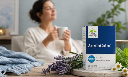AnxioCalm supplement - woman relaxing with a cup of tea
