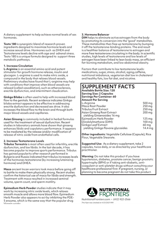 Nutritional Frontiers Testo 180 Label