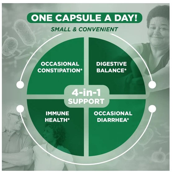 Promotional graphic for a 4-in-1 daily supplement, featuring a green circular diagram with four segments labeled 'Occasional Constipation', 'Digestive Balance', 'Immune Health', and 'Occasional Diarrhea'. The text 'ONE CAPSULE A DAY!' is at the top, with a faded background showing people and microscopic cells.