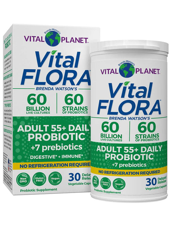 Vital Flora Adult 55+ Daily Probiotic supplement packaging by Brenda Watson's, showing a white plastic jar and matching retail box with blue and green text on a plain white background.