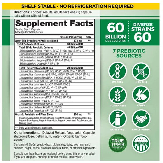 A supplement facts label for a probiotic blend, with a white background, black text, and green circular icons. The label includes a yellow header reading 'SHELF STABLE - NO REFRIGERATION REQUIRED' and claims such as '60 BILLION LIVE CULTURES' and '7 PREBIOTIC SOURCES'.