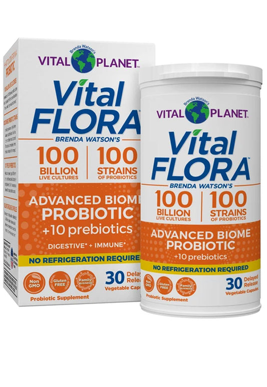 Vital flora Probiotic supplement packaging showing a white plastic jar and its matching retail box on a plain white background. The labels prominently display the Vital Planet brand, Brenda Watson's name, and product claims including 100 billion live cultures, 100 strains of probiotics, and 30 vegetable capsules.