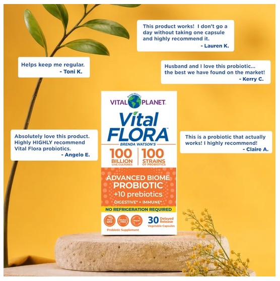 Vital Flora Probiotic supplement box by Vital Planet, displayed on a yellow background with decorative leaves, a stone, and customer testimonial text bubbles.