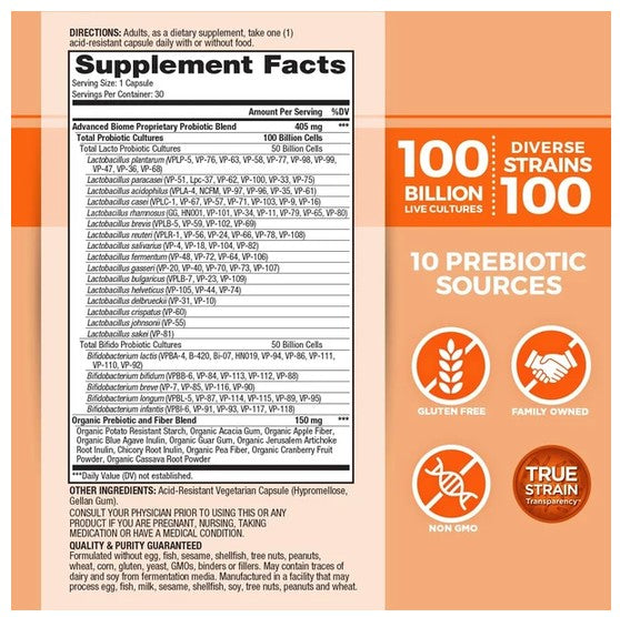 Front supplement facts label panel for a probiotic supplement, with orange and white design, text reading 'Supplement Facts,' '100 Billion Live Cultures,' '10 Prebiotic Sources,' and icons for gluten free, family owned, non GMO, and true strain forward.