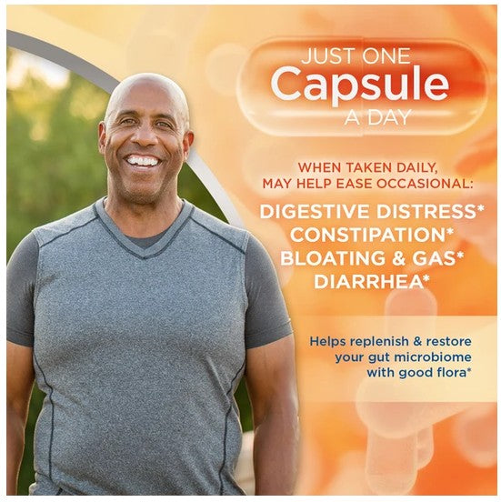 A smiling man in a gray V-neck athletic shirt stands against a warm orange graphic background with text reading 'Just One Capsule A Day' and product benefits for digestive distress, constipation, bloating, gas, and diarrhea.