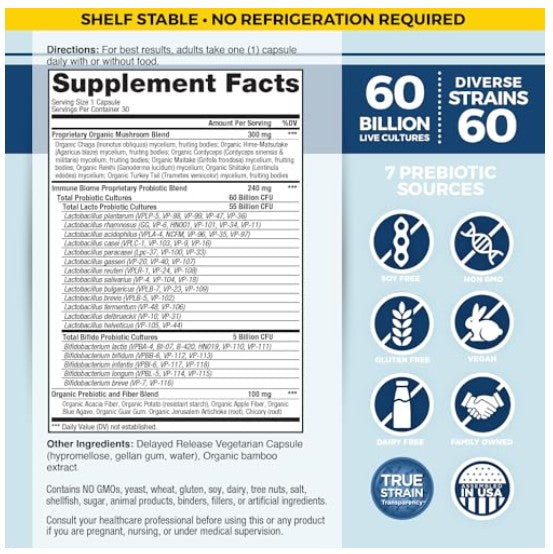A product information panel for a prebiotic supplement, showing a Supplement Facts label, a yellow 'Shelf Stable - No Refrigeration Required' banner, and a blue section with icons and text for 60 billion live cultures, 7 prebiotic sources, and true strain quality.